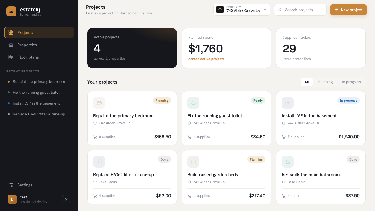Estately dashboard
